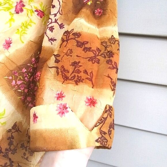 Blouse Chiffon Sheer Button Front 3/4 Length Sleeves Boho Patchwork Look… - Picture 9 of 16